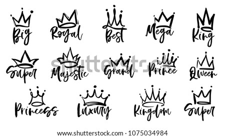 Crown logo graffiti icon. Queen, king, royal, princess, prince, super, grand, best, kingdom, magestic, mega text. Black elements isolated on white background. Vector illustration.  Royalty-Free Stock Photo #1075034984