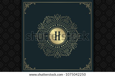 Luxury logo template vector golden vintage flourishes ornament. Good for royal crest, boutique brand, wedding shop, hotel sign. Frame and pattern background.