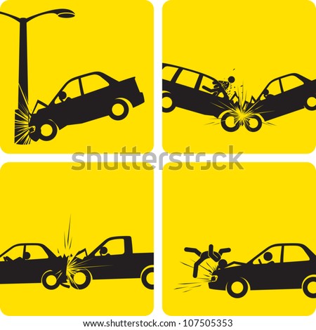 Clip art illustration styled like universal signs showing a series of car accidents. Compositions are inside a clipping mask, so any of the scenes can be expanded to show the whole car or street lamp.