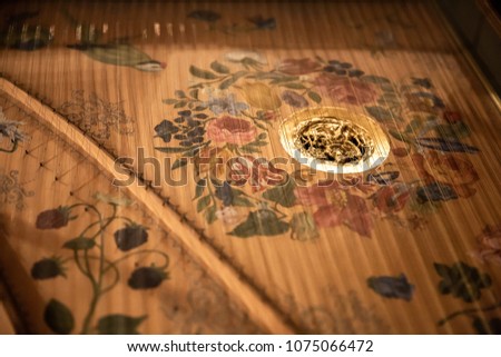 Inside decoration of a harpsichord in a church in Seville Spain