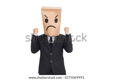 businessman wear paper bag covering head angry emotions 