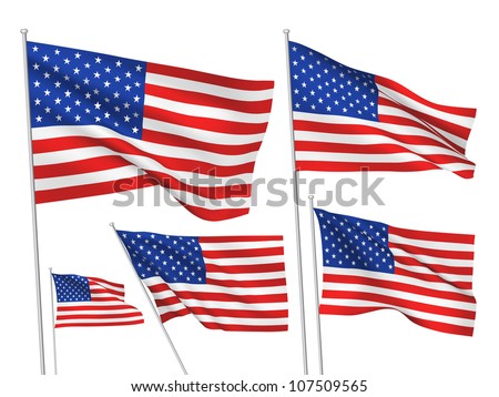 United States, USA vector flags set. 5 wavy 3D pennants fluttering on the wind. EPS 8 created using gradient meshes isolated on white background. Five flagstaff design elements from world collection