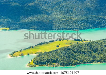 View from the mountain Herzogstand to lake Walchensee in the Alps of Bavaria