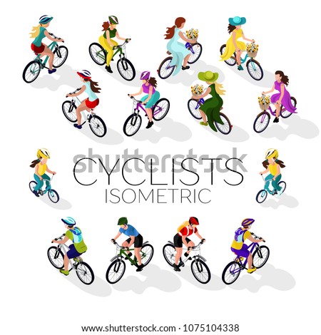 Set of cyclists. A woman on a bicycle, a man on a bicycle, a child on a bicycle. Isometric 3d