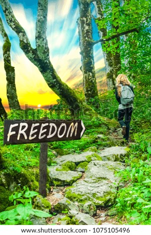 Freedom motivational phrase on wooden sing with person walking on forest stone road into the sunset. Copy space. Change concept.