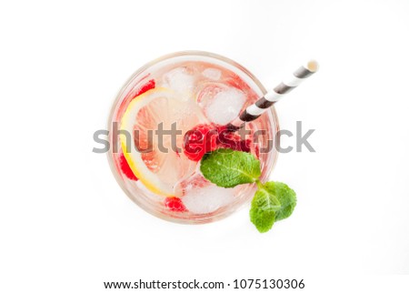 Various berry lemonade or mojito cocktails, fresh iced lemon lime raspberry blueberry infused water, summer healthy detox drinks isolated on white top view