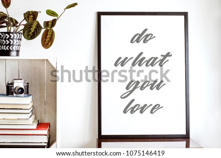 Interior of white home space with mock up poster frame, plant, books and vintage camera. Shelfie concept.