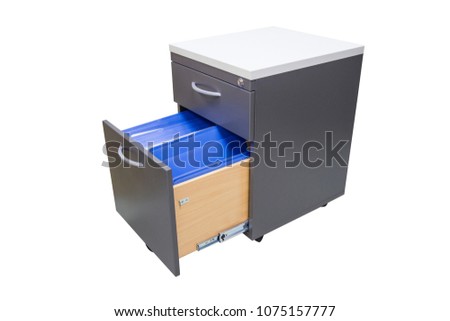 blue file folder documents In a file cabinet retention of contracts - concept business office equipment, isolate with white background.