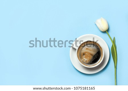 Flat lay of minimalistic picture of coffee and white tulip on blue background. Minimalism coffee concept with copyspace