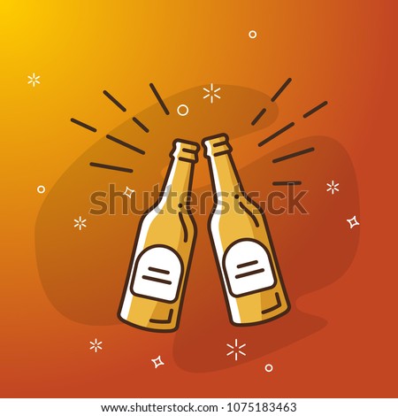 Toasting with bottles of light beer. Orange background with stars and fireworks.
Vector illustration in flat style.
