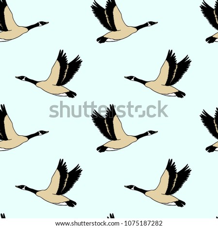 Vector seamless pattern with hand drawn flying wild geese. Beautiful animal design elements, ink drawing.
