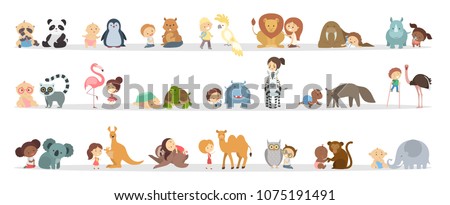 Cute babies playing with animals set on white.
