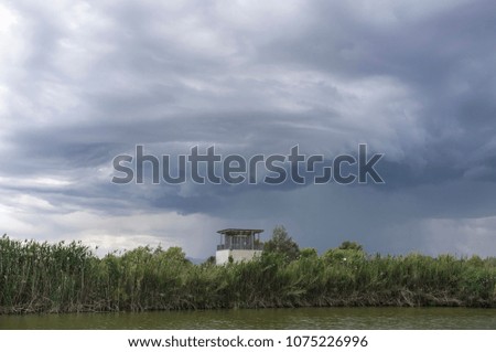 Landscape in Delta Llobregat river natural area, storm in spring day.
