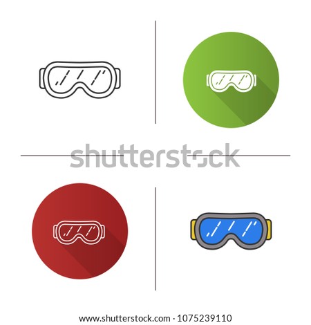 Ski goggles icon. Snow glasses. Safety eyeglasses. Flat design, linear and color styles. Isolated vector illustrations