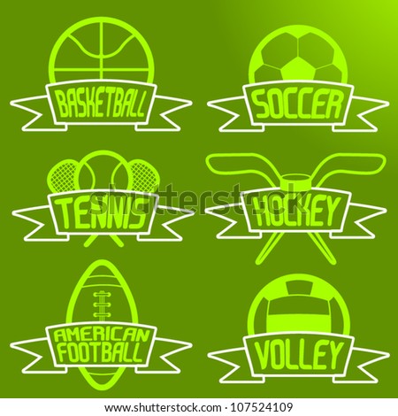 Sport item banners, Part 1. Basketball, soccer, tennis, ice hockey, american football, volleyball (Simple outline edition)