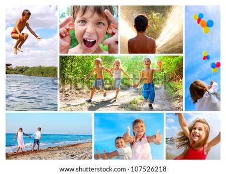 photo collage of happy smiling and laughing children playing, running in the woods, walking along the beach , making faces, swimming and relaxing outdoor in summer