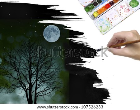 hand painting night picture with the moon and tree
