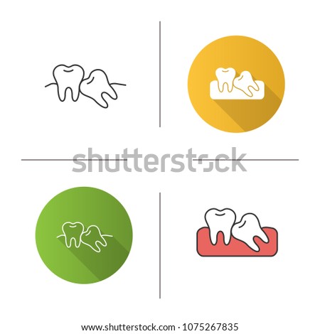 Crooked teeth icon. Malocclusion. Wisdom tooth problem. Flat design, linear and color styles. Isolated vector illustrations
