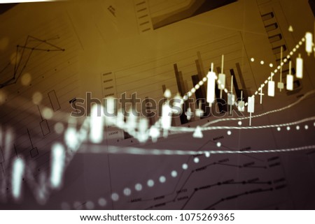 Stock market trend or Forex trading graph chart for financial planing as concept. Double exposure of digital number and price quote to do stock analysis with many indicators.