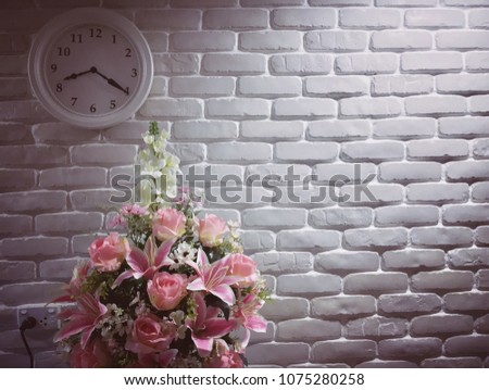 A bouquet of pink flowers and decorative wall clocks for the home. Customize images in vintage style.