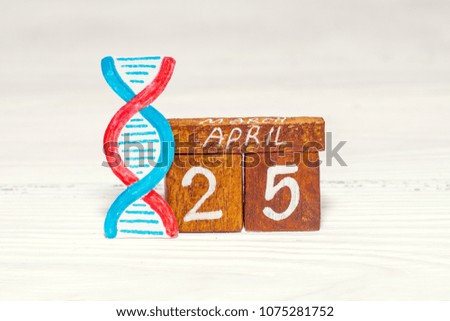 April 25 - National DNA Day on the wooden calendar and funny DNA drawing. Holiday concept