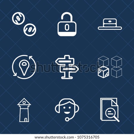 Premium set with outline icons. Such as tower, finance, relocation, white, lock, sign, head, cardboard, unlock, open, protection, dont, call, door, currency, cash, bank, replacement, room, safe, tool