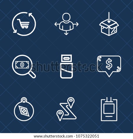 Premium set with outline icons. Such as plug, place, route, web, retail, road, east, cart, trolley, box, square, navigation, badge, map, concept, compass, refreshment, north, computer, cable, find