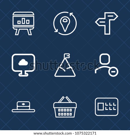 Premium set with outline icons. Such as shop, sign, lock, bank, information, business, basket, head, cloud, cap, user, arrow, blue, landscape, white, direction, map, market, diagram, nature, store