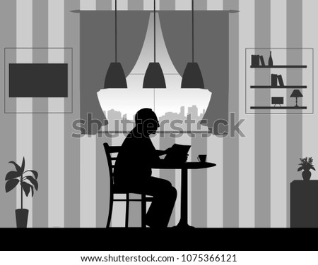 Lovely retired elderly man drinking cup of coffee and reading newspaper in the room at home, one in the series of similar images silhouette