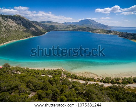 Aerial drone photo of fantastic nature of lake/sea in Peloponesse, Greece