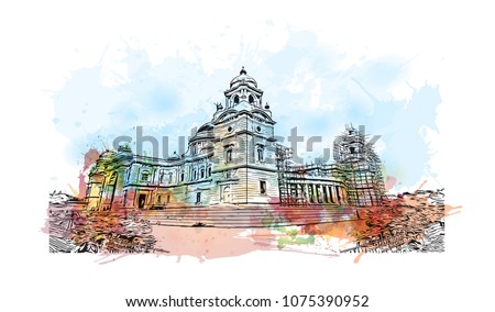 Victoria Memorial in Kolkata, City in West Bengal. Watercolour splash with hand drawn sketch illustration in vector.