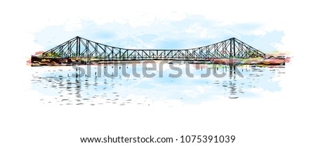 Howrah Bridge of Kolkata, City in West Bengal. Watercolour splash with hand drawn sketch illustration in vector. Royalty-Free Stock Photo #1075391039