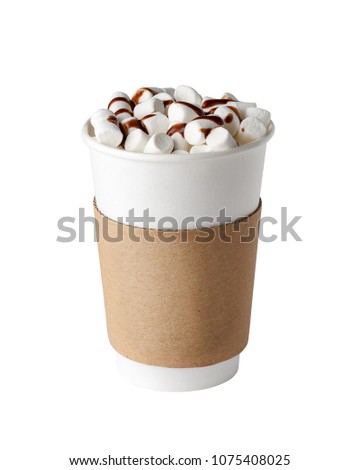 Cacao drink with marshmallows and chocolate topping in paper cup to go isolated on white background