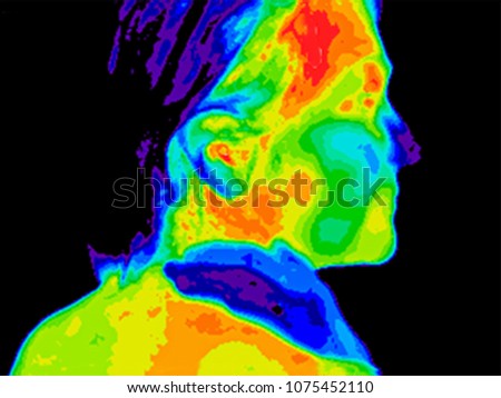 Thermographic photo of right side of face of a woman with her hand on her neck with the photo showing different temperatures from blue showing cold to red showing hot, can indicate inflammation. Royalty-Free Stock Photo #1075452110