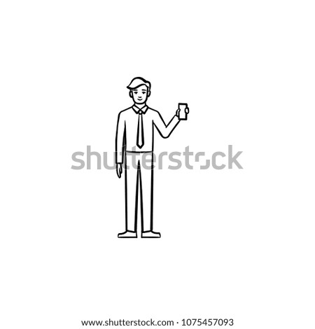 Man with electronic tablet hand drawn outline doodle vector icon. A man holding electronic device sketch illustration for print, web, mobile and infographics isolated on white background.