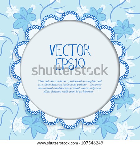 Blue background with flowers and vintage frame. Vector eps10 illustration