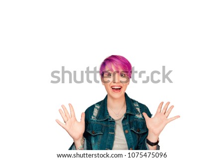 Wow. Surprised excited female woman gestures with happiness, stares at camera happily, isolated over white wall background. Amazed stunned and happy. People, body language, emotions concept