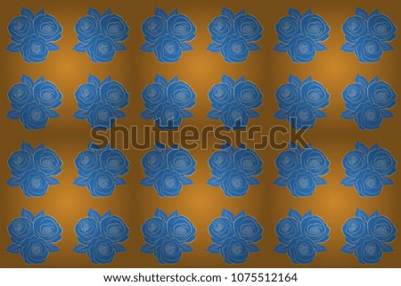 Textile print for bed linen, jacket, package design, fabric or fashion concept. Raster seamless pattern with rose flowers and leaves in blue and orange colors. Floral background with watercolor effect
