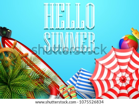 Hello summer time holiday banner. Top view of tropical leaves and beach element collections on blue background