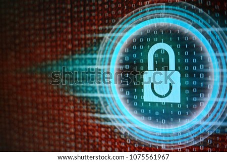 Data privacy information security in social cyber age. Blue Padlock icon, circle light energy surrounding, on red binary code bit flowing movement in the background. 