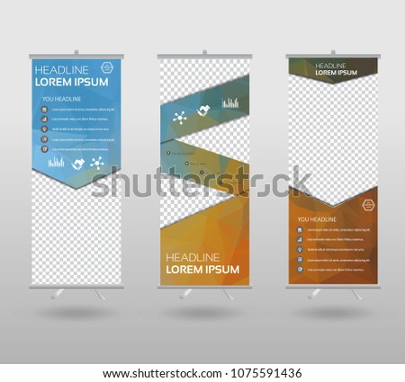Roll Up Banner template and info graphics stand design, advertisement, display, business flyer, polygon background. vector illustration. 