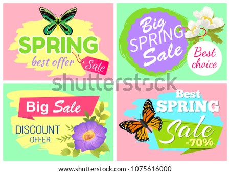 Spring best offer banners set of posters with flowers and butterflies, spring offer and best choice set of banners isolated on vector illustration