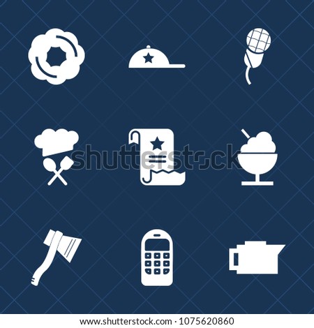 Premium set with fill icons. Such as karaoke, dessert, cupcake, fashion, axe, sound, doughnut, sweet, caffeine, paper, file, icecream, business, microphone, hat, document, chief, communication, voice