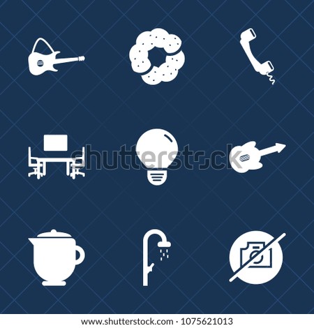 Premium set with fill icons. Such as sign, bath, office, cookie, energy, idea, sound, work, internet, bakery, sweet, drink, food, bulb, guitar, muffin, musical, desk, concert, phone, telephone, table