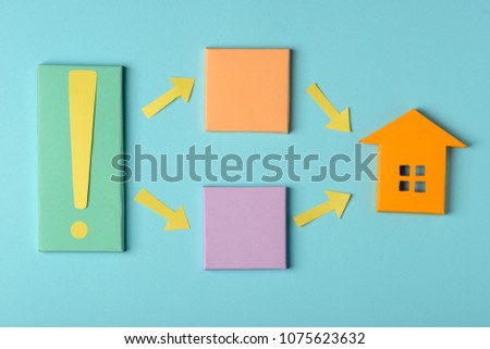 Buying a home scheme. 3D boxes, arrows, exclamation mark and paper house on blue background. Real estate infographic template.