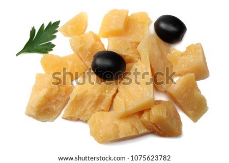 parmesan cheese with olives isolated on white background. top view