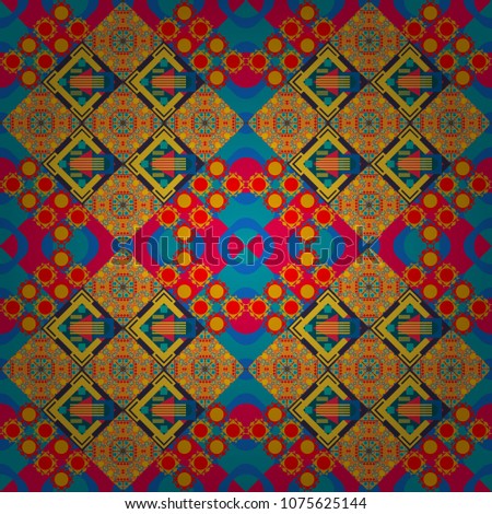 Geometric hipster tiles background. Vector illustration. Abstract retro seamless pattern of geometric shapes. Colorful mosaic backdrop in yellow, orange and blue colors.