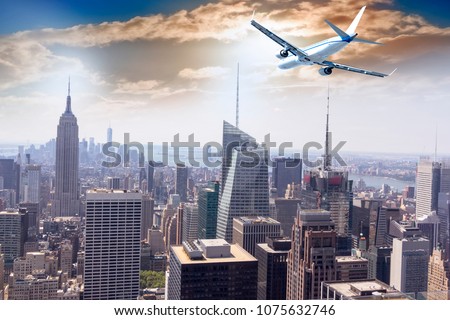 Airplane over Manhattan, NYC.