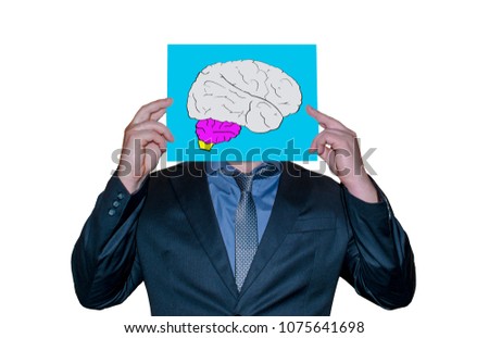 Human Brain Diagram . Close-up of a businessman holding a digital image of a brain in his head.