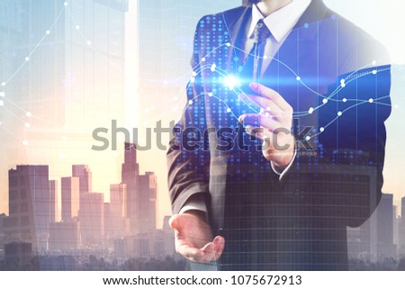 Businessman pointing at glowing forex chart on abstract city background. Currency exchange and trade concept. Double exposure 